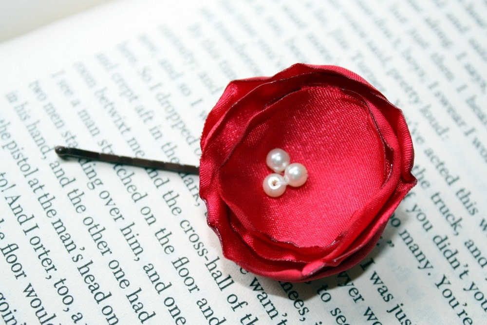 Red flower bobby pin, Bright red burnt edge satin fabric flower bobby pin, bridesmaid hair accessory