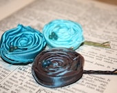 Set of 3 rolled fabric flower posie bobby pins in shimmer aqua gray, aqua and teal, for bridesmaids in wedding by the Paisley Moon on Etsy