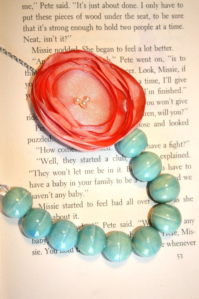 Peach and aqua necklace, Bridesmaid necklace, fabric flower necklace, coral and aqua