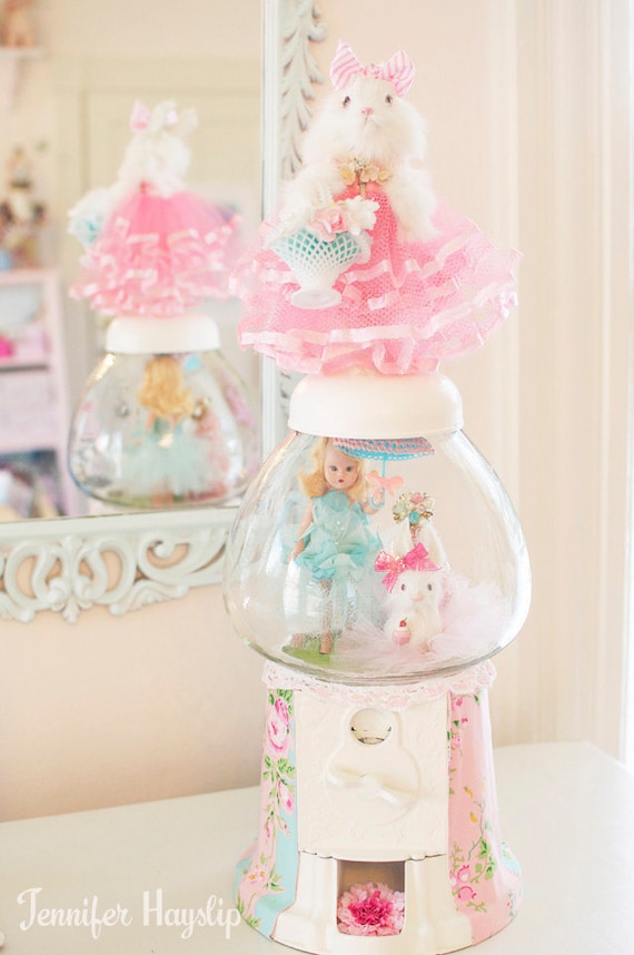 Vintage Bunny Spring Shabby Pink Gumball Machine Kitsch Decoration Mixed Media Assemblage - Garden Bunny Springtime Stroll