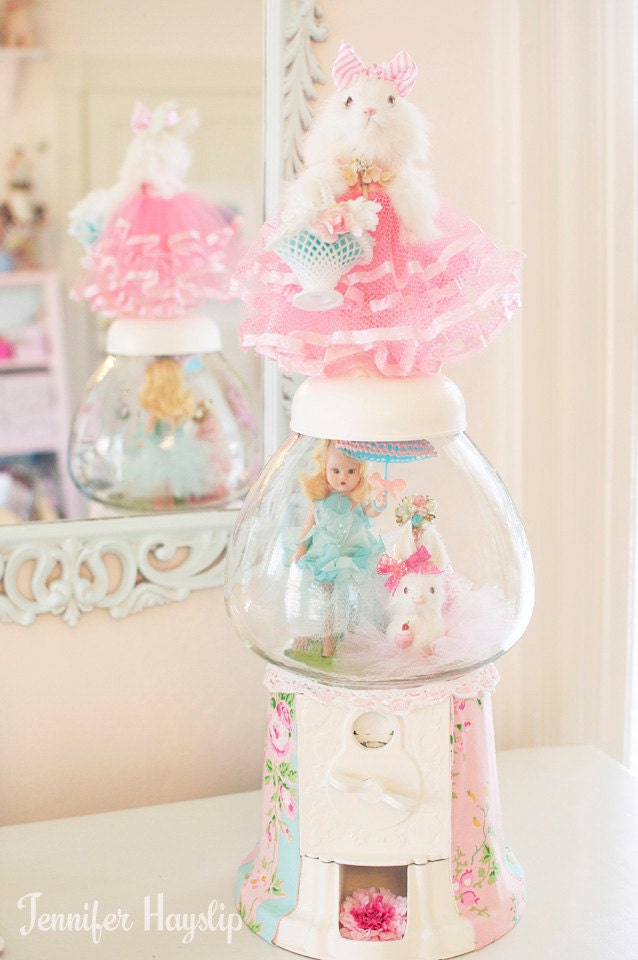Vintage Bunny Spring Shabby Pink Gumball Machine Kitsch Decoration Mixed Media Assemblage - Garden Bunny Springtime Stroll