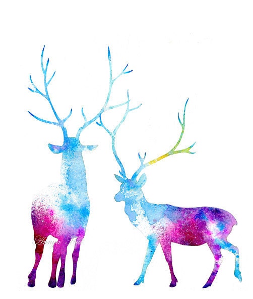 Deer Silhouettes - Modern Nature Watercolor Wildlife -  Painting Print by Annya Kai