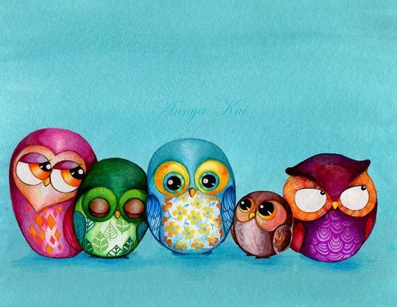 HUGE SALE 40% OFF - Fabric Owl Family - Large Format Giclee Print - Modern Owl Decor Colorful Turquoise Baby Blue Owl Nursery Kids Wall Art
