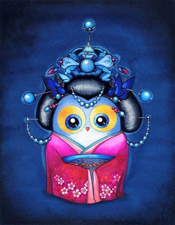 Japanese Cherry Blossom OWL - Painting Print - Sparkly Little Owl in Jewels and Spring Flower Kimono by Annya Kai