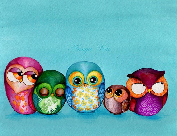 Fabric Owl Family - Painting Print by Annya Kai - Cute Bird Modern Owl Decor