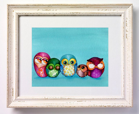 Fabric Owl Family - Painting Print by Annya Kai - Cute Bird Modern Owl Decor