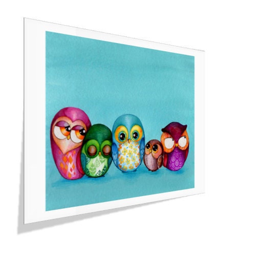 HUGE SALE 40% OFF - Fabric Owl Family - Large Format Giclee Print - Modern Owl Decor Colorful Turquoise Baby Blue Owl Nursery Kids Wall Art