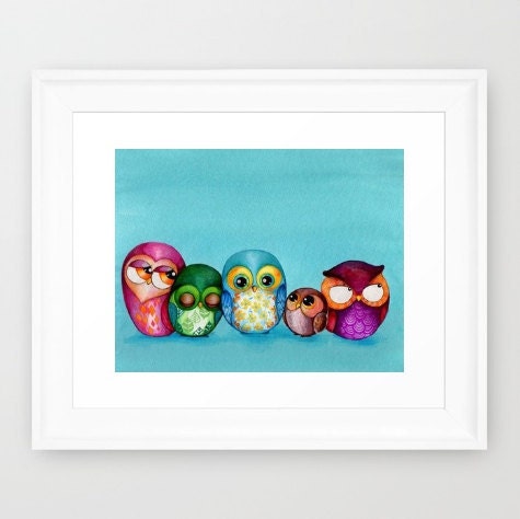 HUGE SALE 40% OFF - Fabric Owl Family - Large Format Giclee Print - Modern Owl Decor Colorful Turquoise Baby Blue Owl Nursery Kids Wall Art