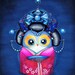 Japanese Cherry Blossom OWL - Painting Print - Sparkly Little Owl in Jewels and Spring Flower Kimono by Annya Kai