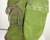 Forest Elf Moss Green Elf Boots Handmade moccasins brown leather soles with vine detail  order your size