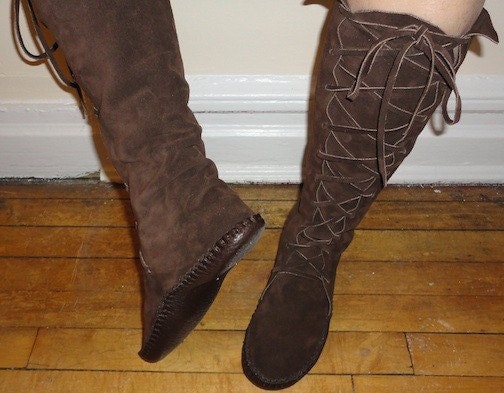 Custom order for Autumn Elf Boots Handmade Moccasins Dark brown Suede with Leather soles