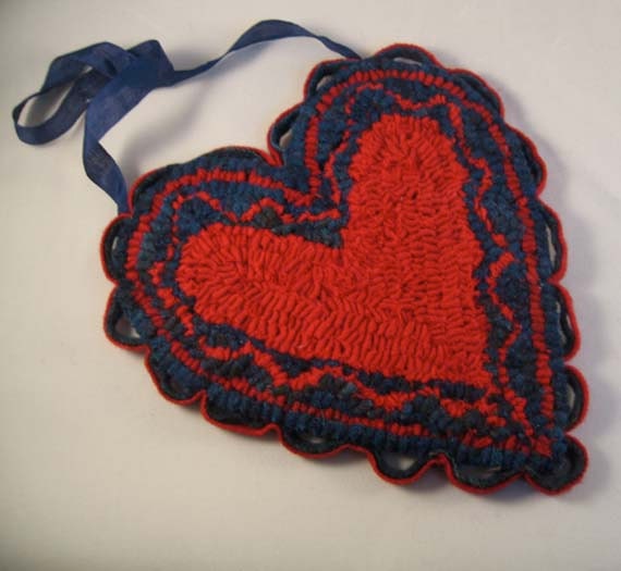 Heart of Hand Hooked Wool in Red and Blue Hanging Hand Hooked Rug