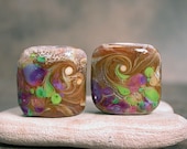 Lampwork Bead Set Pair Nuggets Caramel with Purple Lime Green Opal Yellow DivineSparkDesigns SRA - DivineSparkDesigns