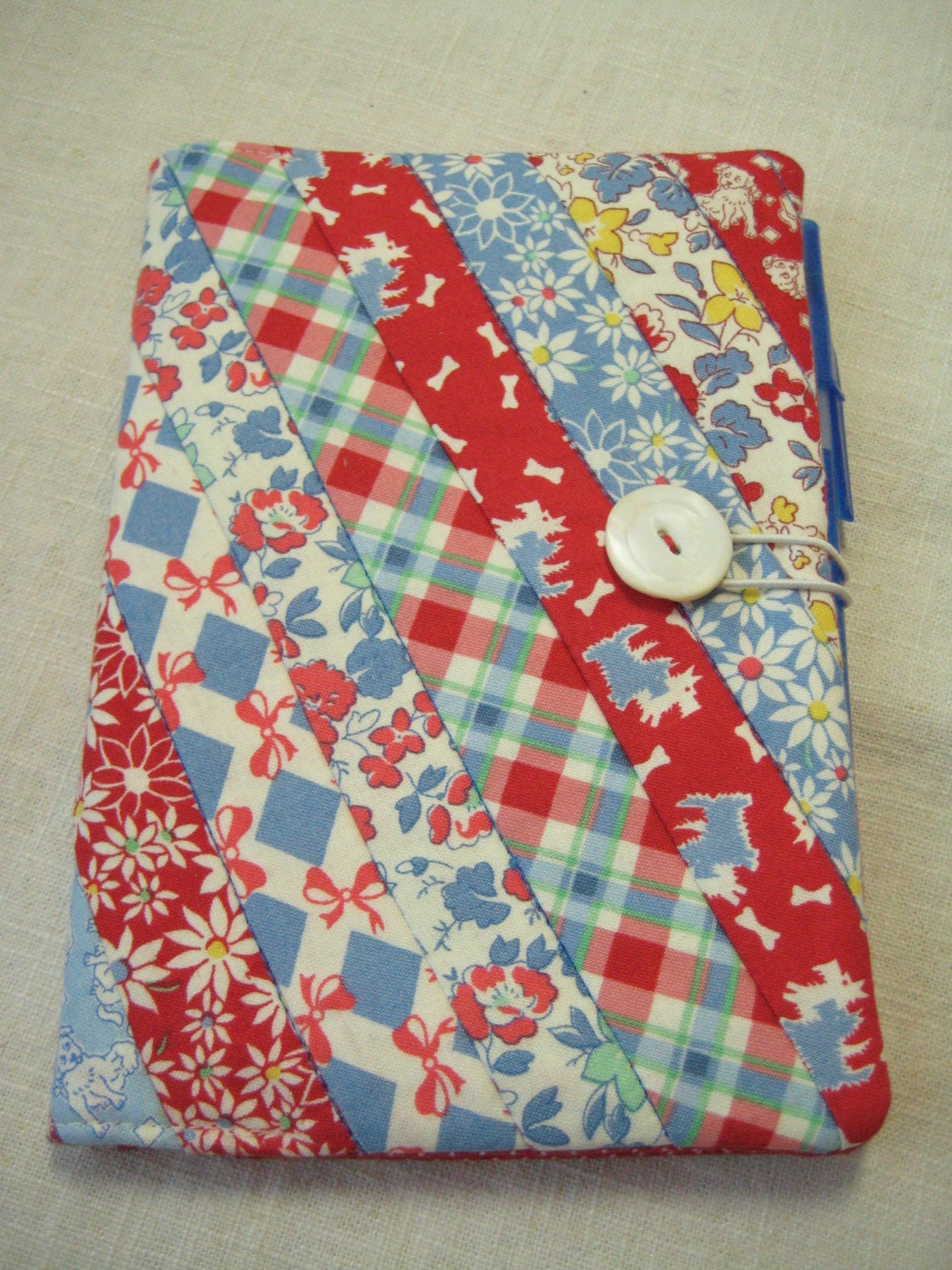 Quilted Fabric Journal Cover. Retro Kitsch. Vintage Mother Of Pearl Button. One of a Kind