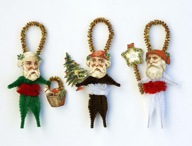 Christmas Santa Ornaments - Chenille Christmas Ornaments - Handmade Holiday Tree Ornaments