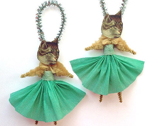 Set of 2 Cat Ornaments - Chenille Ornaments - Spring Home Decor