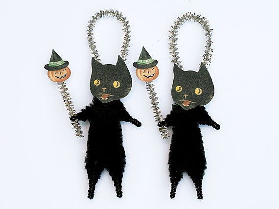 Black Cat Halloween Ornaments - Primitive Halloween Cat Ornaments