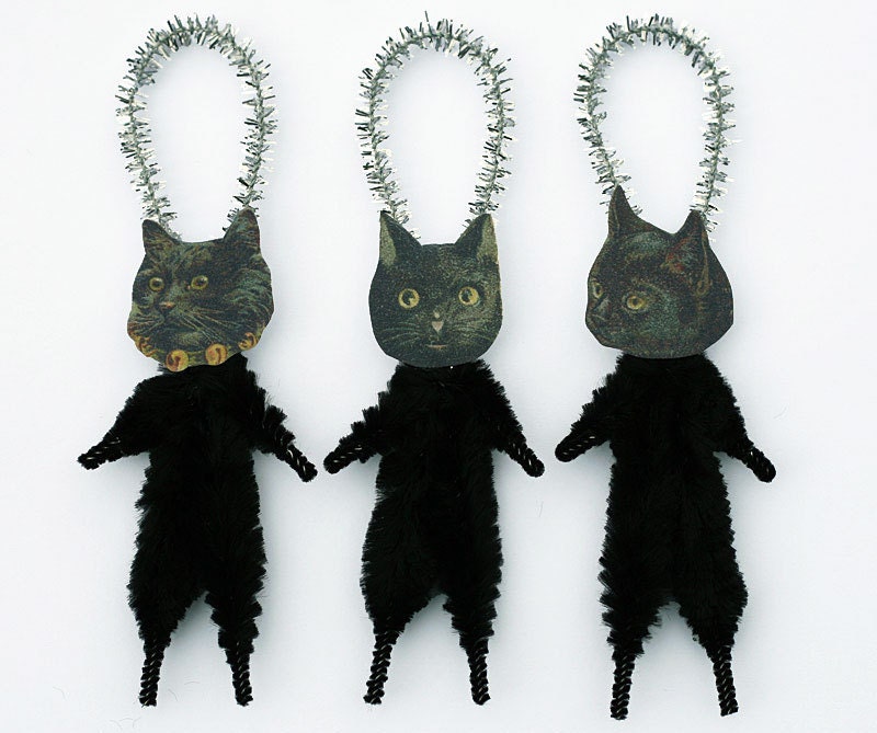 Black Cat Halloween Decorations - Handmade Primitive Cat Ornaments