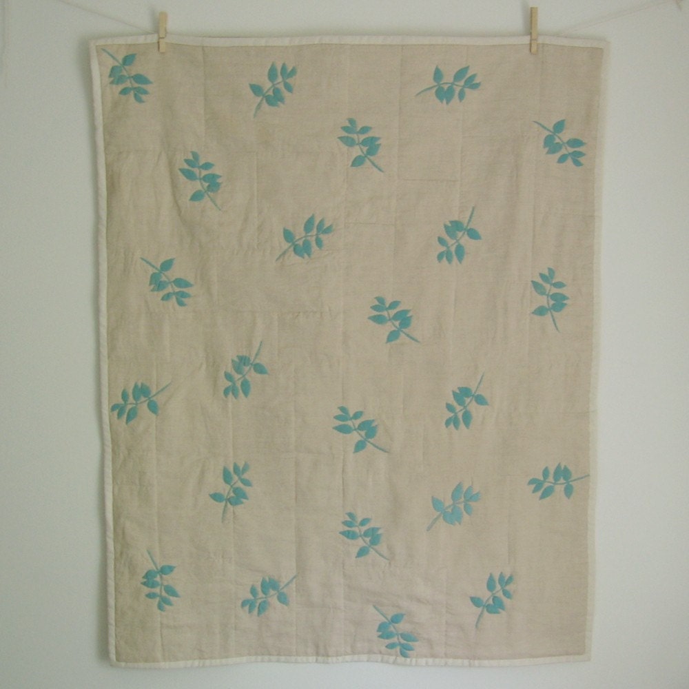 Turquoise Branch Linen Baby Quilt