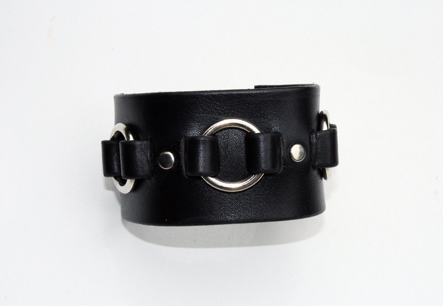 Small Silver Ring Leather Cuff - Choice of Color Leather - Adjustable - Men's Women's Unisex