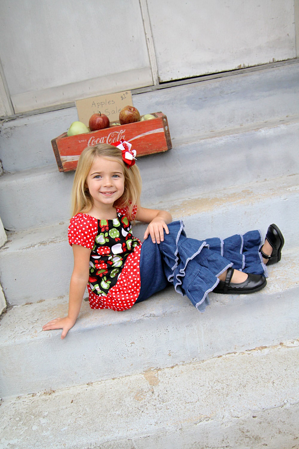 Triple Ruffle Denim Pants and Apple Peasant Top Set