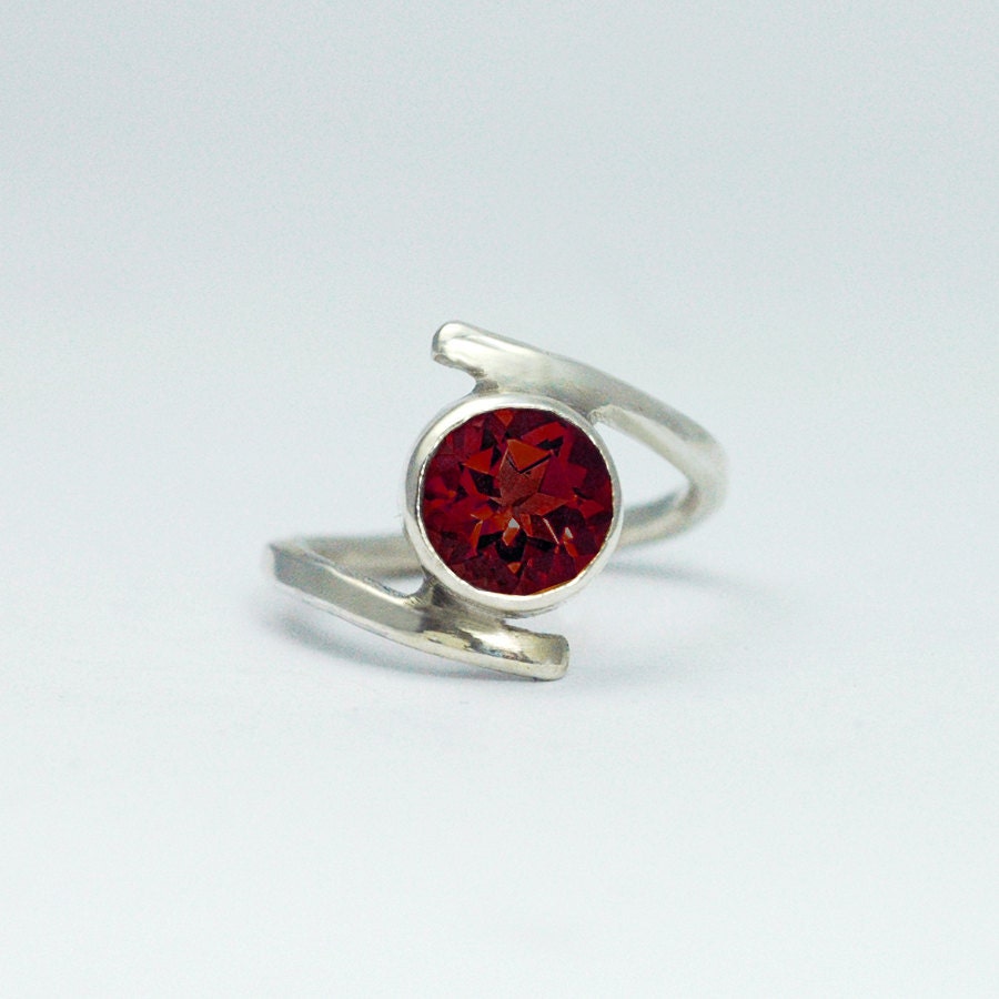 Silver and Red Garnet Ring - Unique setting -  January Birthstone Ring - Recycled Eco-Friendly Sterling Silver - alternative engagement ring