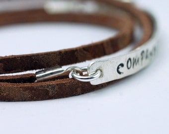 Skinny Bar Bracelet on a Leather Wrap - Custom and Personalized - Hand Stamped bar - Recycled Sterling Silver - for Compassion International