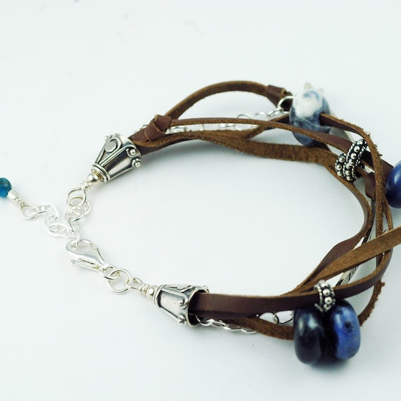 Leather and Silver Bracelet with Blue Gemstones - HandStamped Bar - Custom and Personalized - Recycled Metal - Leather Jewelry