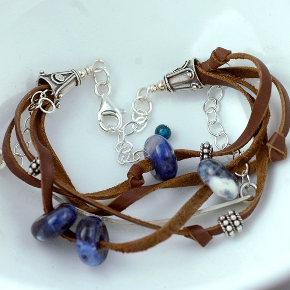 Leather and Silver Bracelet with Blue Gemstones - HandStamped Bar - Custom and Personalized - Recycled Metal - Leather Jewelry