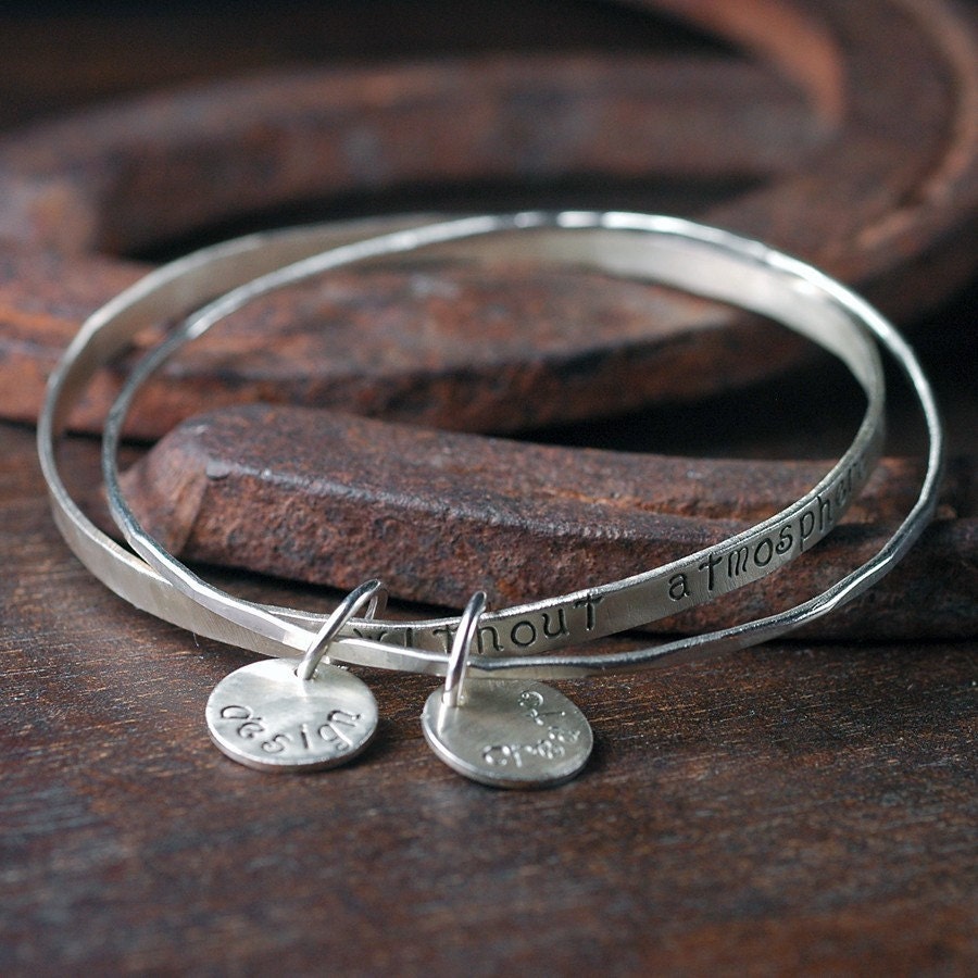 Medical Alert Bracelet - Recycled Sterling SIlver Bangle Set - Custom Hand Stamped and Personalized with Charms