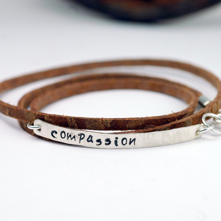 Skinny Bar Bracelet on a Leather Wrap - Custom and Personalized - Hand Stamped bar - Recycled Sterling Silver - for Compassion International