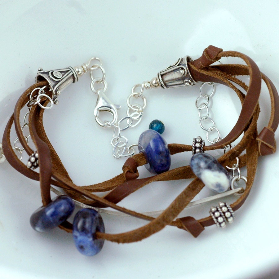 Leather and Silver Bracelet with Blue Gemstones - HandStamped Bar - Custom and Personalized - Recycled Metal - Leather Jewelry