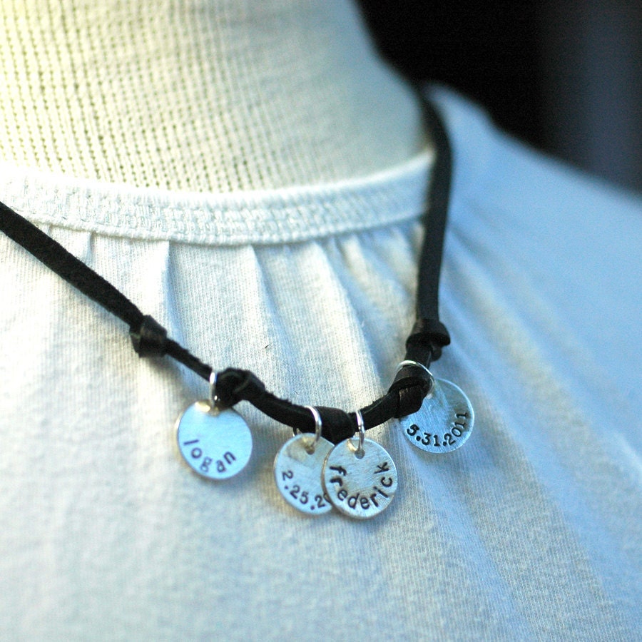 Leather Wrap Bracelet for Mom in Recycled Metal and Black Suede - Hand Stamped and Personalized - Custom- four name disks