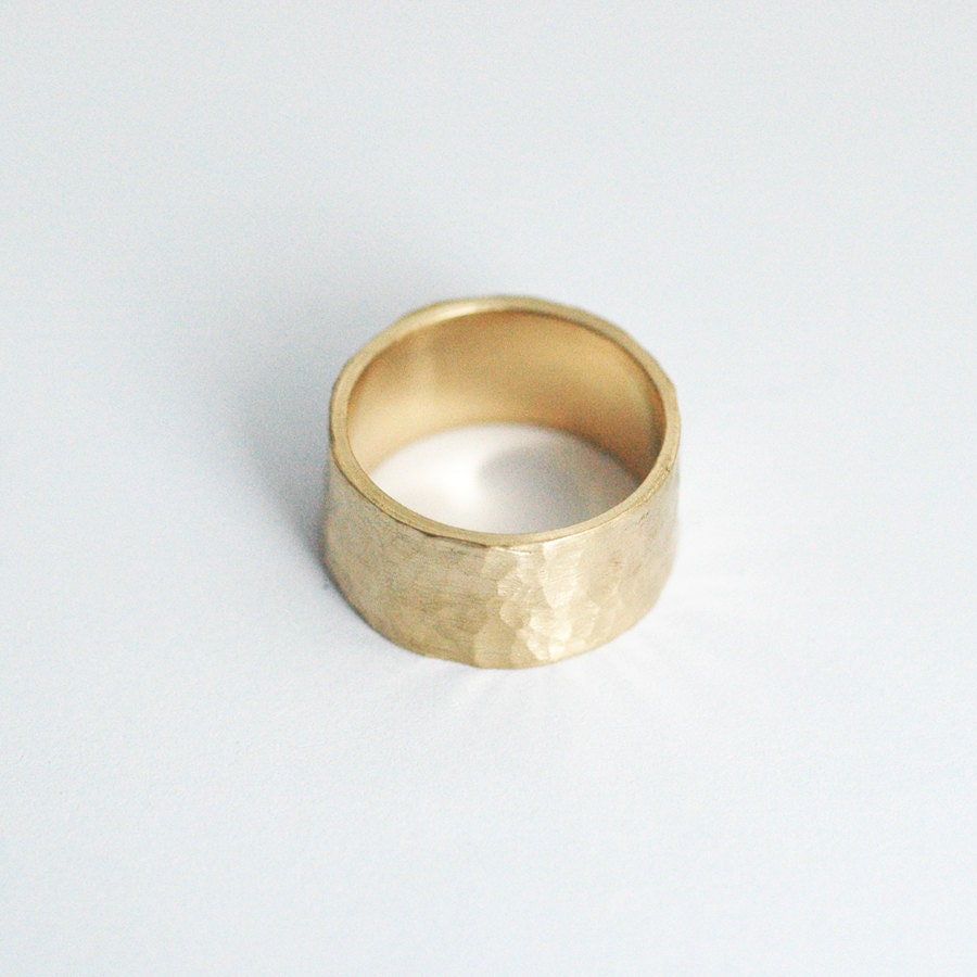 Gold Wedding Band - 14 karat gold - Rustic Hammered Texture - 10mm wide