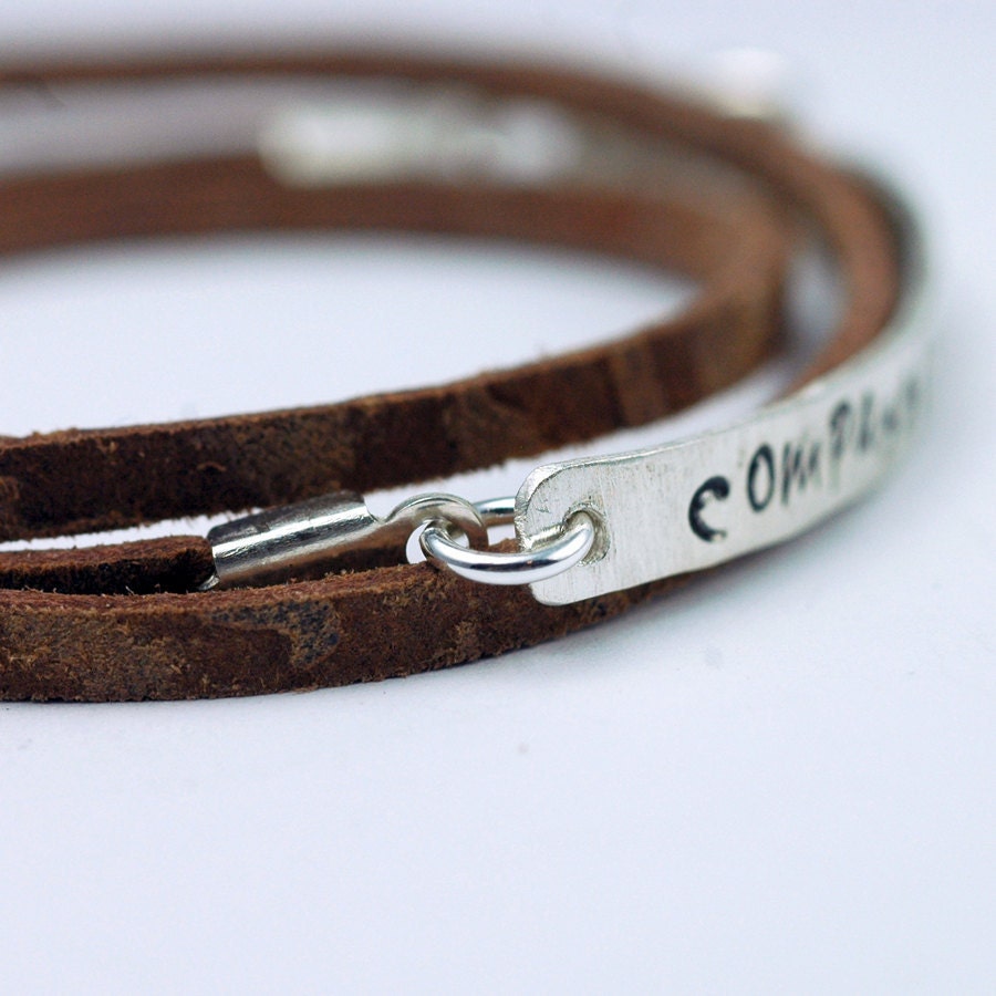 Skinny Bar Bracelet on a Leather Wrap - Custom and Personalized - Hand Stamped bar - Recycled Sterling Silver - for Compassion International
