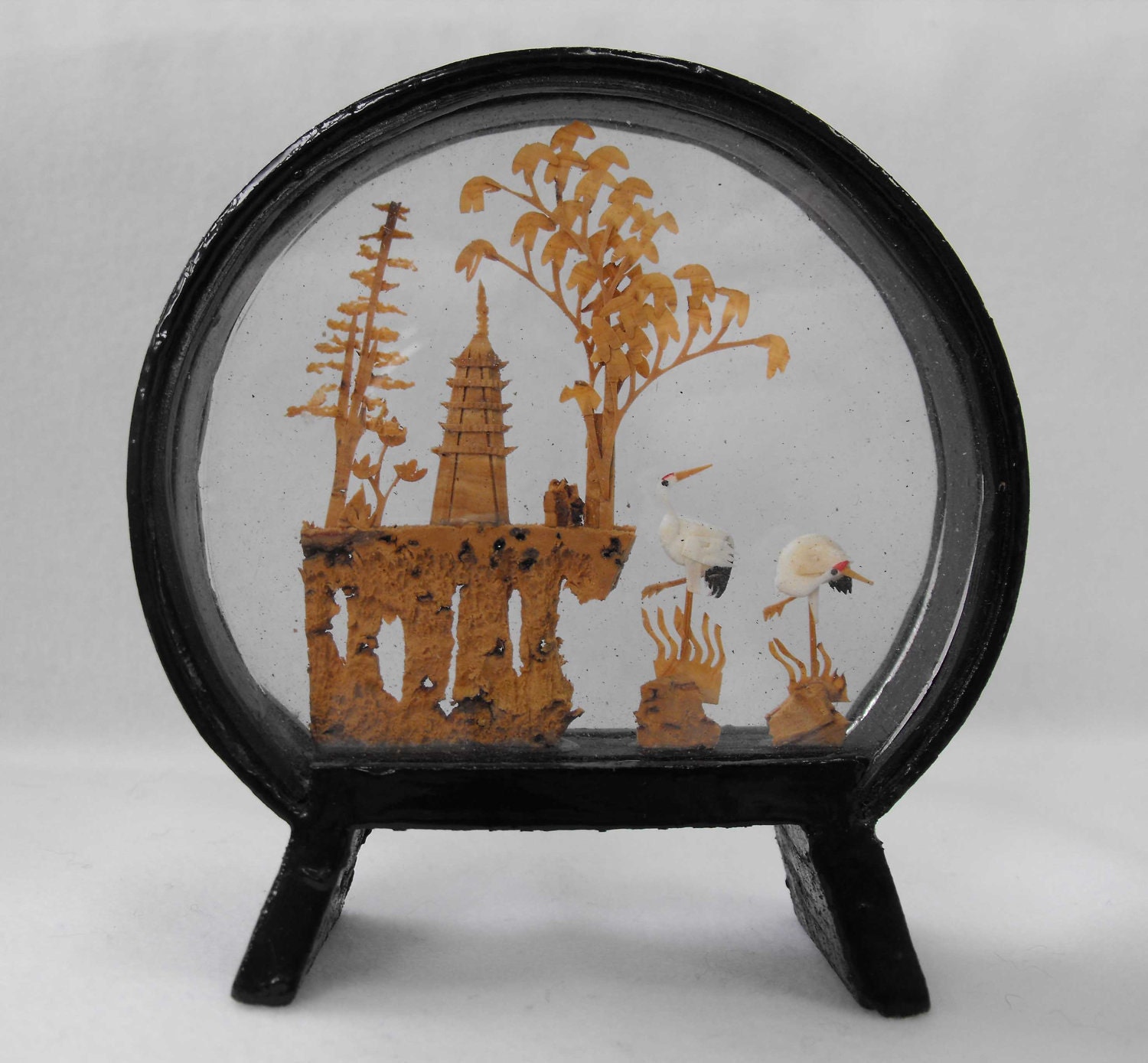 Vintage Scene, Asian, Cork, Egrets, Pagoda, Black Lacquered Frame, ca 1960s NT-1116