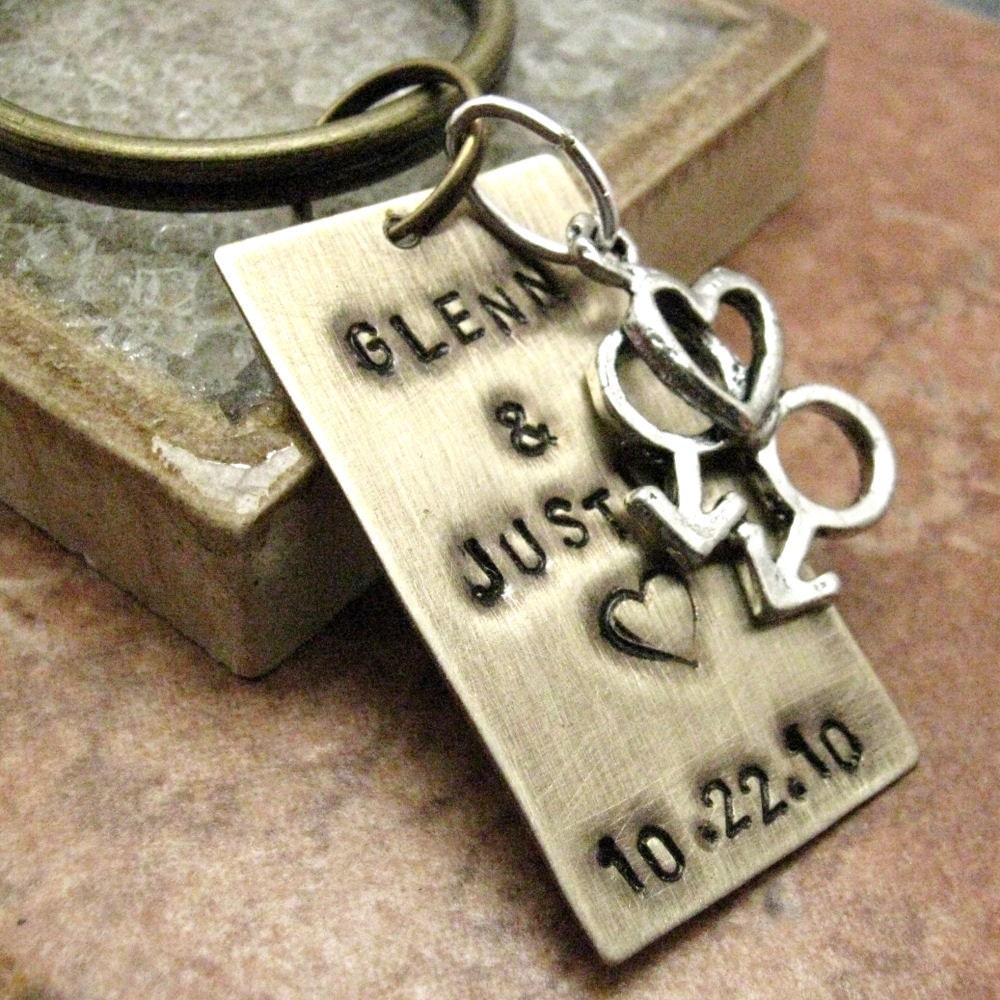 Personalized Gay Male Wedding Keyring Antique Brass, avail with male/male love charm, lgbt