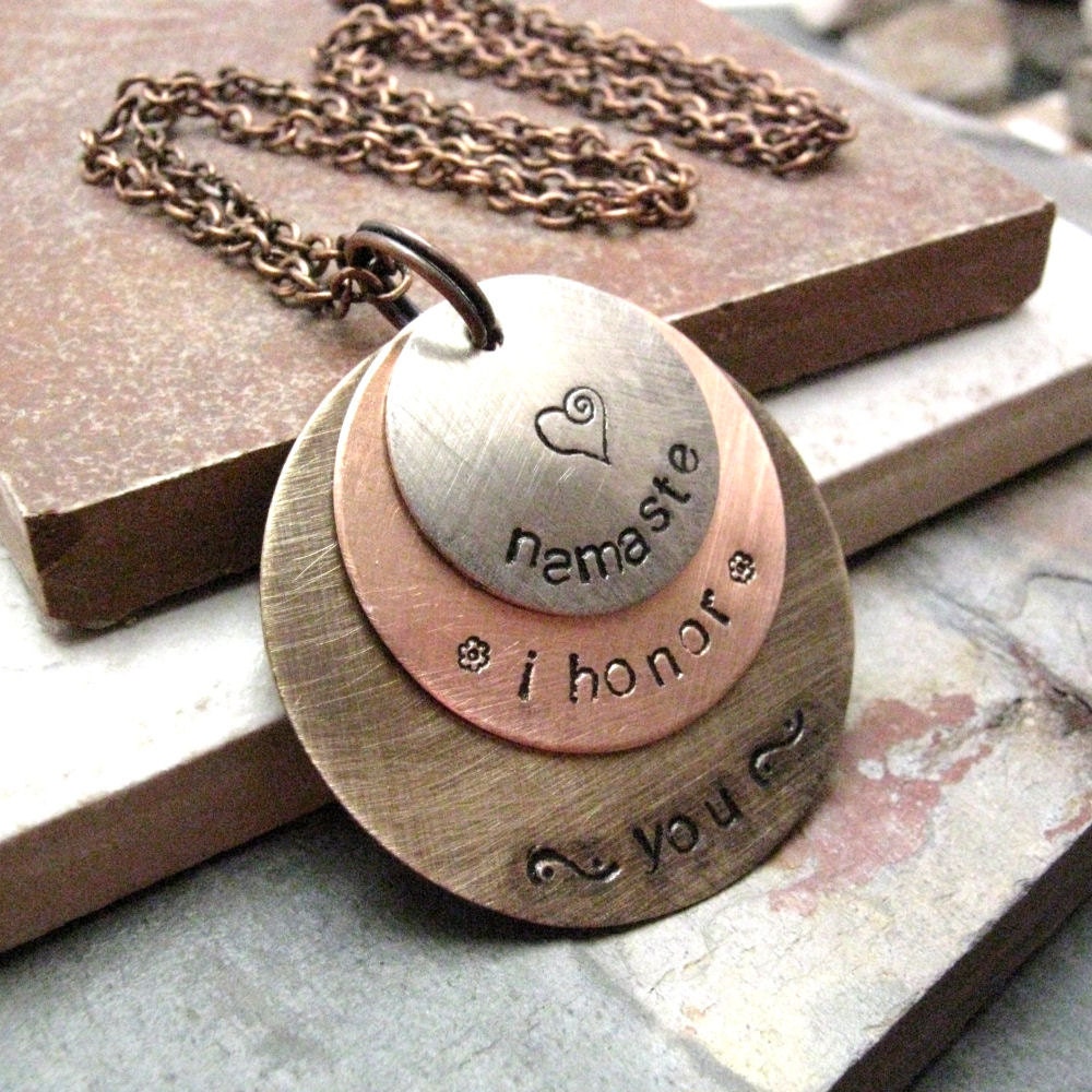 Namaste Necklace, Hand Stamped, 3 Layers, Customization Avail with 5 metal choices, option 7 pictured and is default for this listing