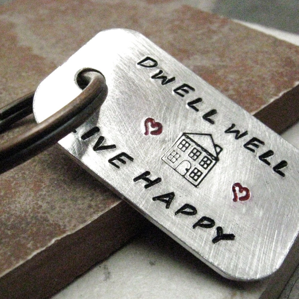 Dwell Well Live Happy Custom Quote Key Chain, rounded aluminum dog tag, antique copper split ring
