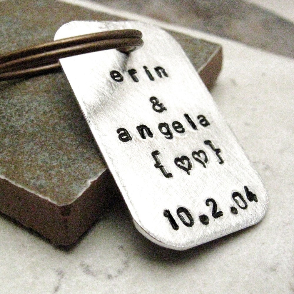 Personalized Key Chain, rounded aluminum dog tag, antique copper ring, customize this with your own wording, gay or straight couples
