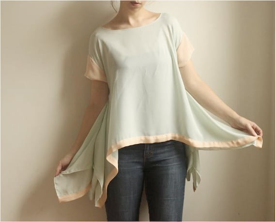 Gayle--Peach and Seafoam Silk Georgette Blouse--SALE