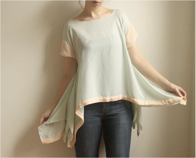Gayle--Peach and Seafoam Silk Georgette Blouse--SALE