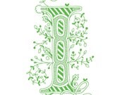 Hand drawn monogrammed print, 8x10, the Letter I, in the color green