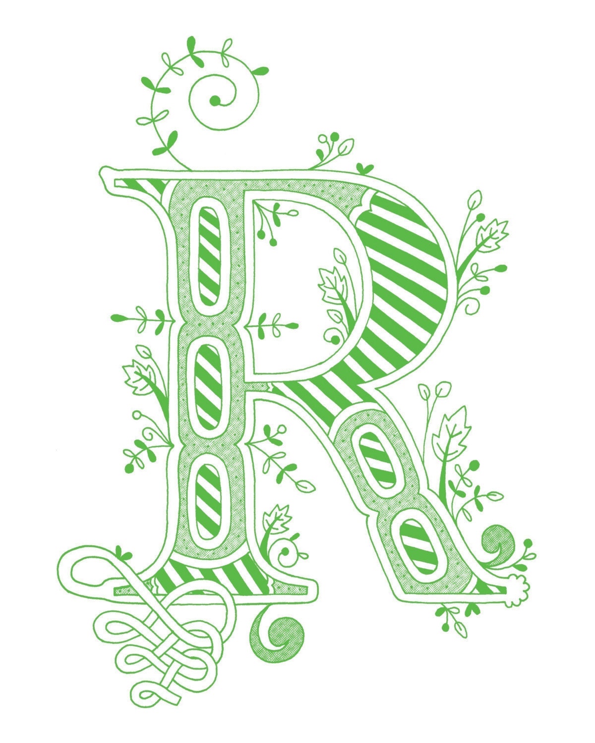 Hand drawn monogrammed print, 8x10, the Letter R, in the color green