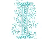 Hand drawn monogrammed print, 8x10, the Letter I, in the color blue
