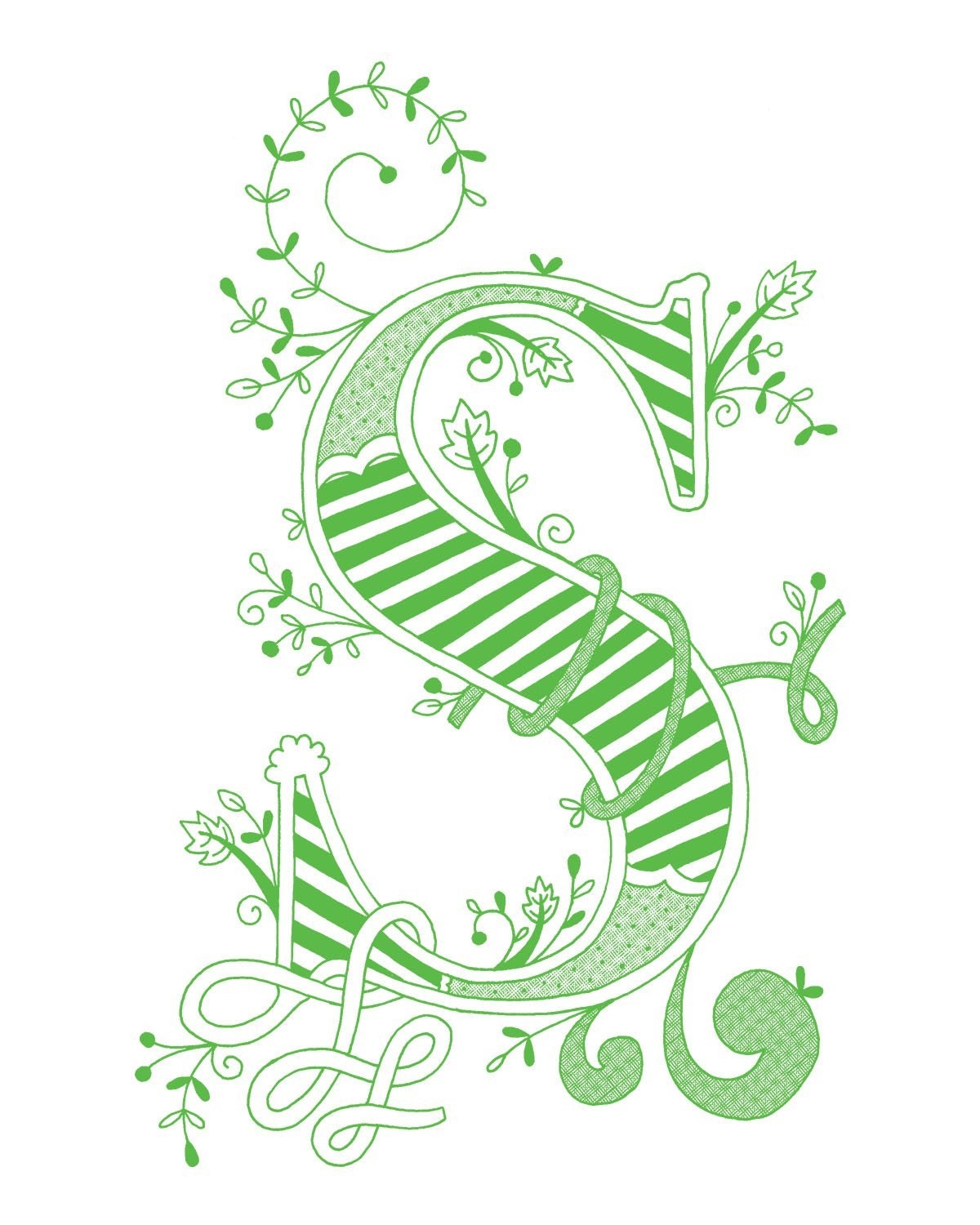 Hand drawn monogrammed print, 8x10, the Letter S, in the color green