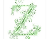 Hand drawn monogrammed print, 8x10, the Letter Z, in the color green