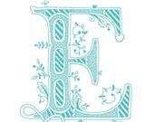 Hand drawn monogrammed print, 8x10, the Letter E, in the color blue