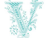 Hand drawn monogrammed print, 8x10, the Letter V, in the color blue