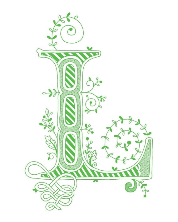 Hand drawn monogrammed print, 8x10, the Letter L, in the color green